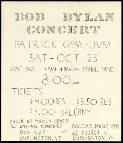 Rare 1965 Bob Dylan Vermont Handbill