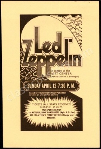 Rare 1970 Led Zeppelin Minnesota Handbill