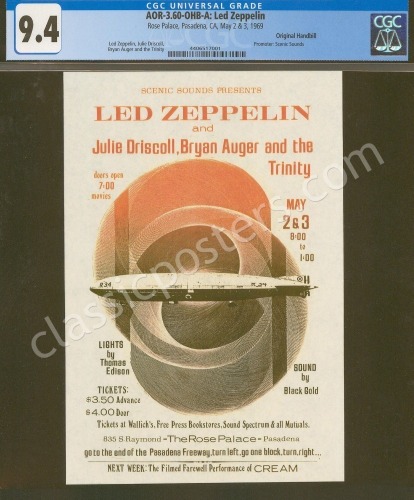 Scarce Certified AOR 3.60 Led Zeppelin Handbill