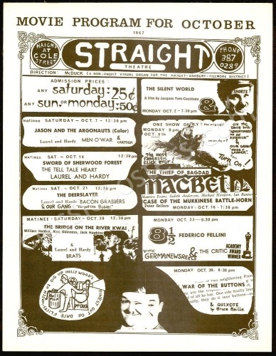 October 1967 Straight Theater Calendar Handbill