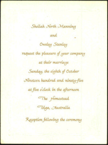 Interesting 1995 Wedding Invitation for Owsley Stanley