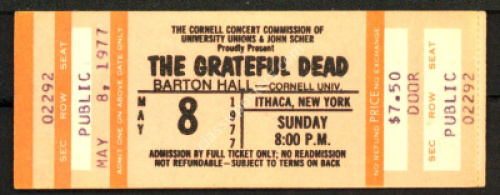 Rare Unused 1977 Grateful Dead Barton Hall Ticket