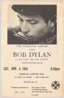Rare 1961 Bob Dylan Carnegie Chapter Hall Handbill