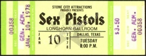 Unused 1978 Sex Pistols Dallas Ticket