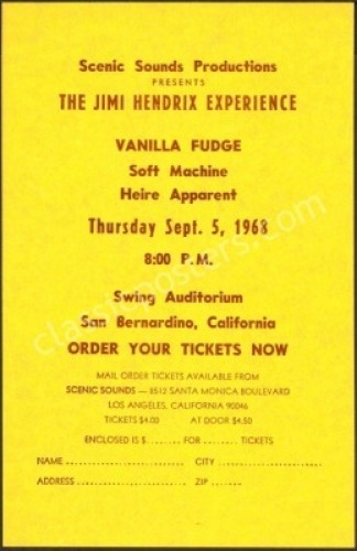 Scarce Jimi Hendrix Swing Auditorium Ticket Order Form